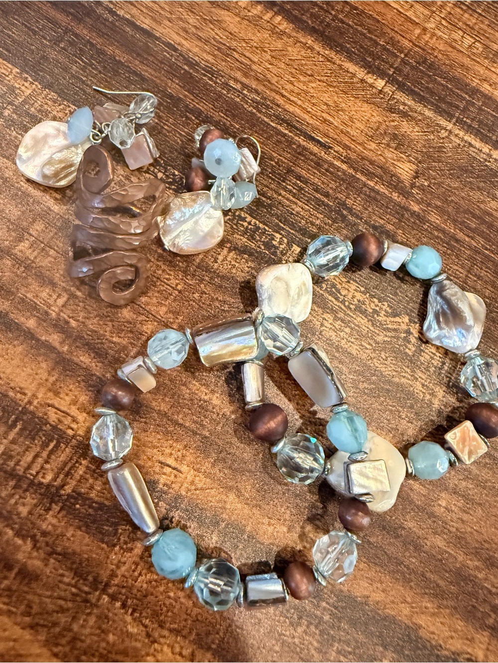 Handcrafted Blue and Pearl Beaded Bracelet and Earring Set